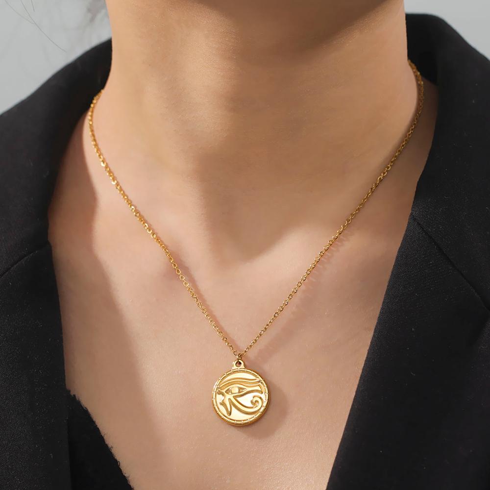 Náhrdelník s přívěskem Oko Hora Ra Udjat Dámský Nerezová ocel Zlatý Silný řetízek Starověký Egypt Amulet Šperky Dárek