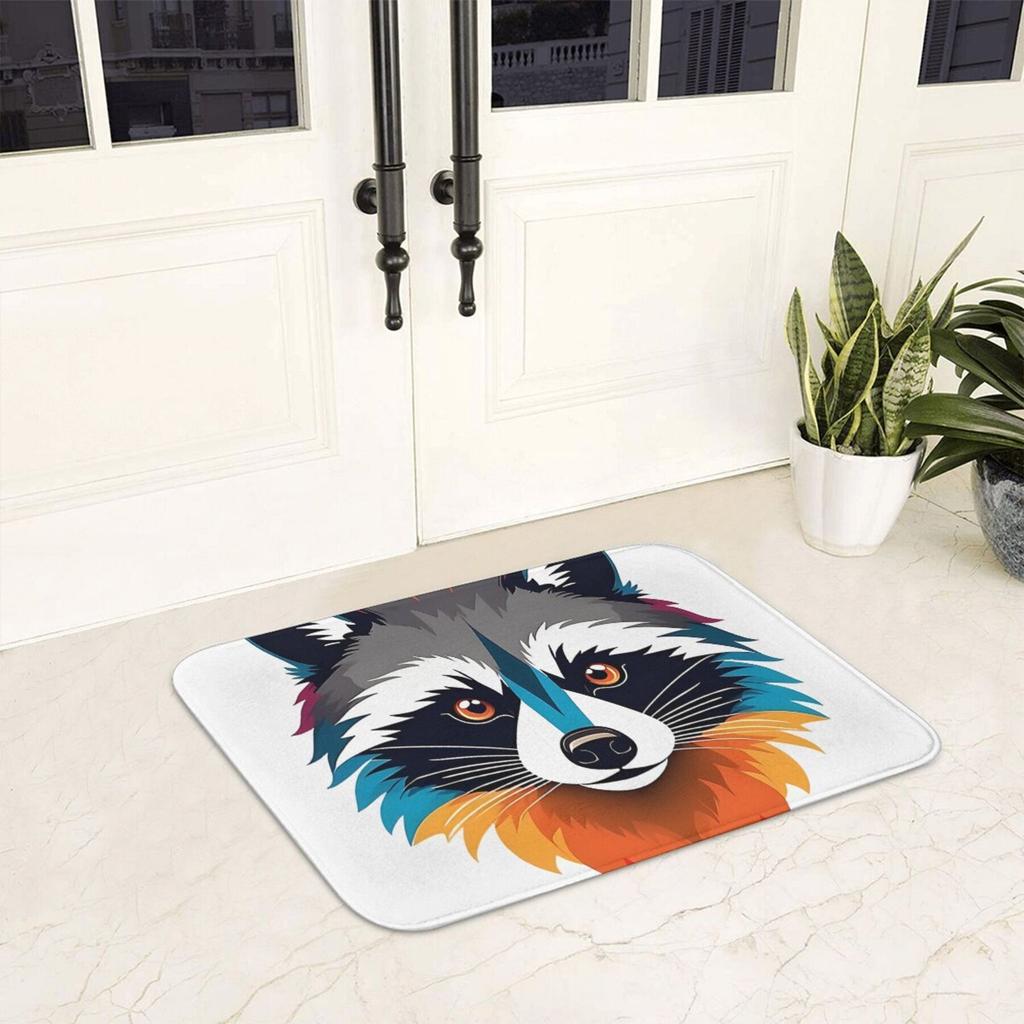 Light Gray Mat with Raccoon Illustration in Colorful Gradient Fur, Polyester Rug for Indoor Home Decor 1PC