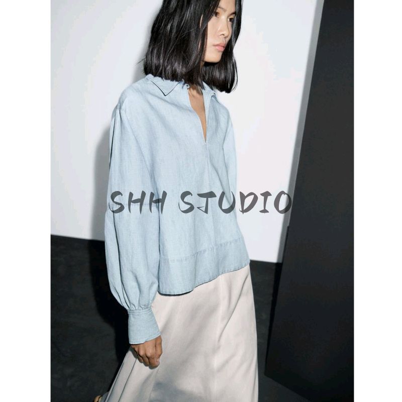 MD Autumn New Women Clothes Casual Minimalist Temperament Pullover Denim Long Sleeve Shirts Top 5115800