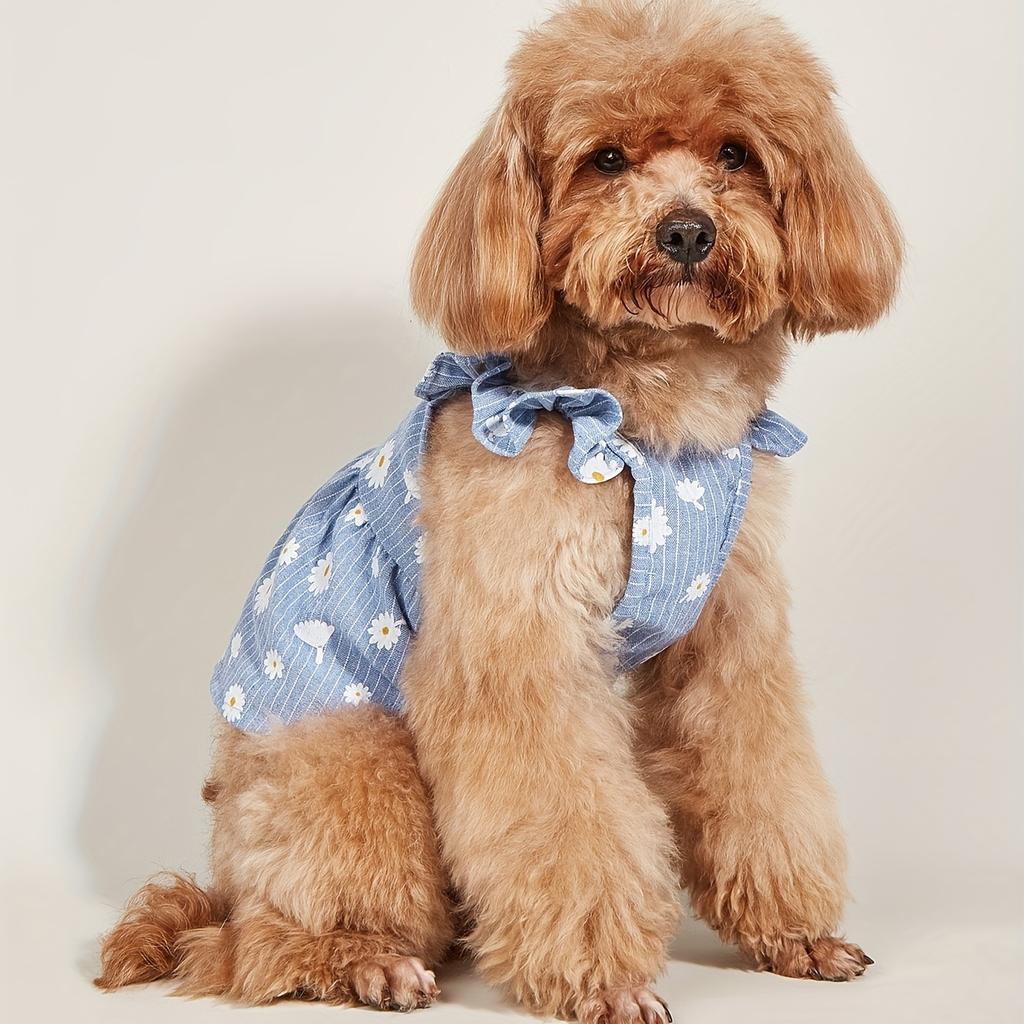 Daisy Print Blue Striped Dog Dress, Ruffled Straps Breathable Pet Sundress, Cute Summer Apparel for Small Dogs Cats Pets Party