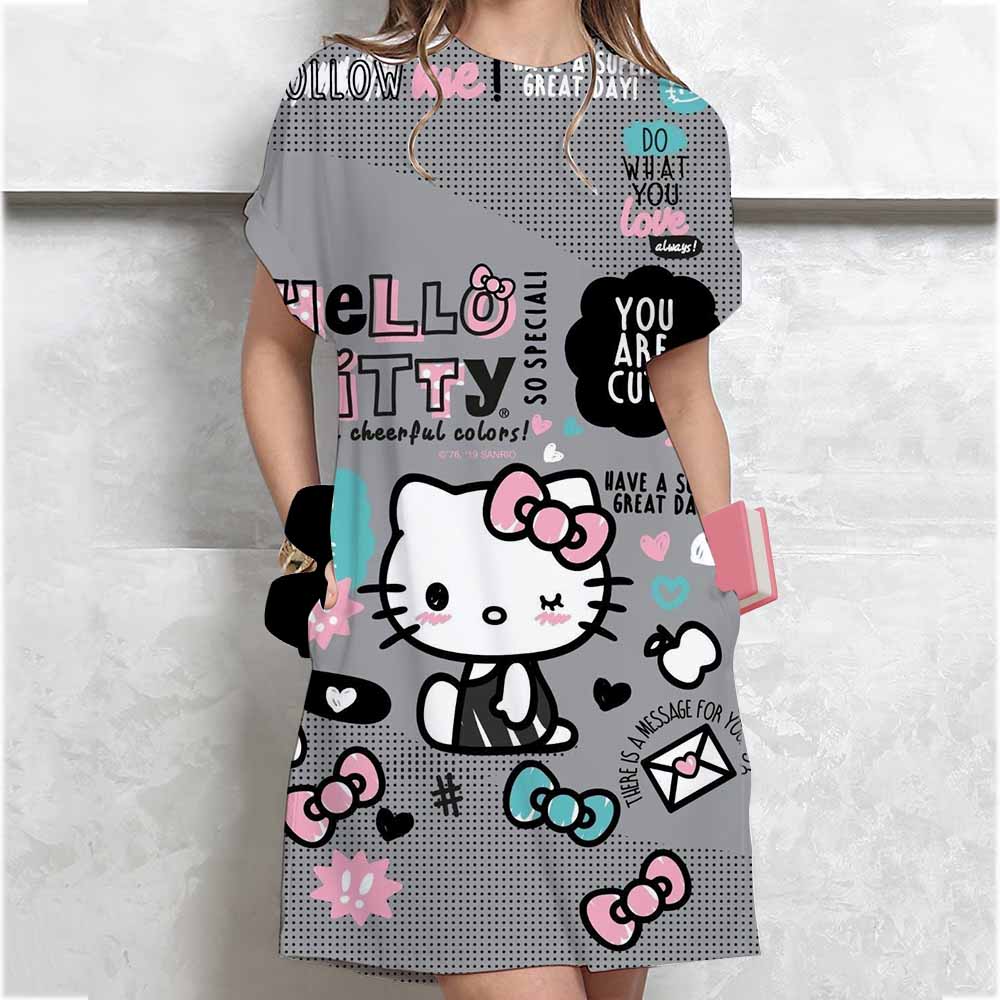 Women's Long Tshirt Dress Summer Fashion Girl Hello Kitty Print Oversized Casual Round Neck Short Sleeved Mini T-shirt Dress