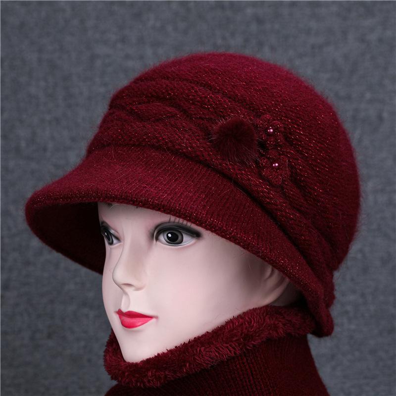 Mother Hat In The Elderly Autumn and Winter Rabbit Hair Knitted Pearl Pot Hat Women Thickened Winter Old Lady Wool Hat