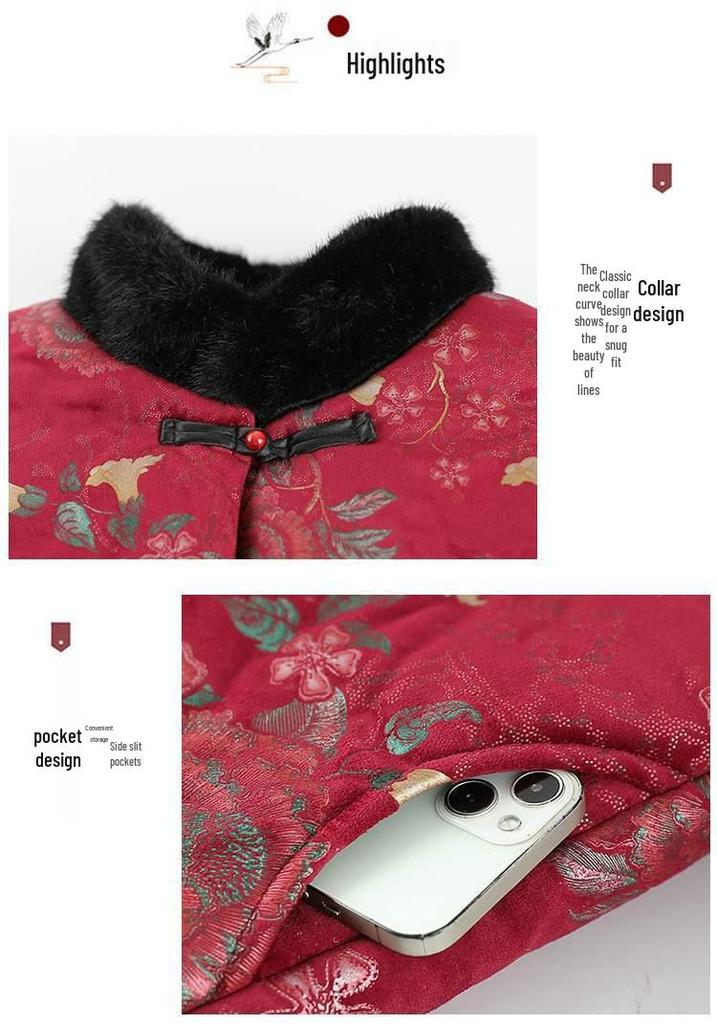 Winter Cotton Jacket for Elderly Women, Plus Velvet Thickened, Chinese Style, Ideal for Women Aged 70-80.