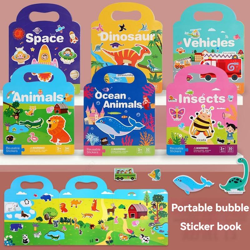 6 Styles Reusable Sticker Activity Pad,Stickers with Scene Backgrounds Educational Learning Travel Stickers Book Birthday Gifts