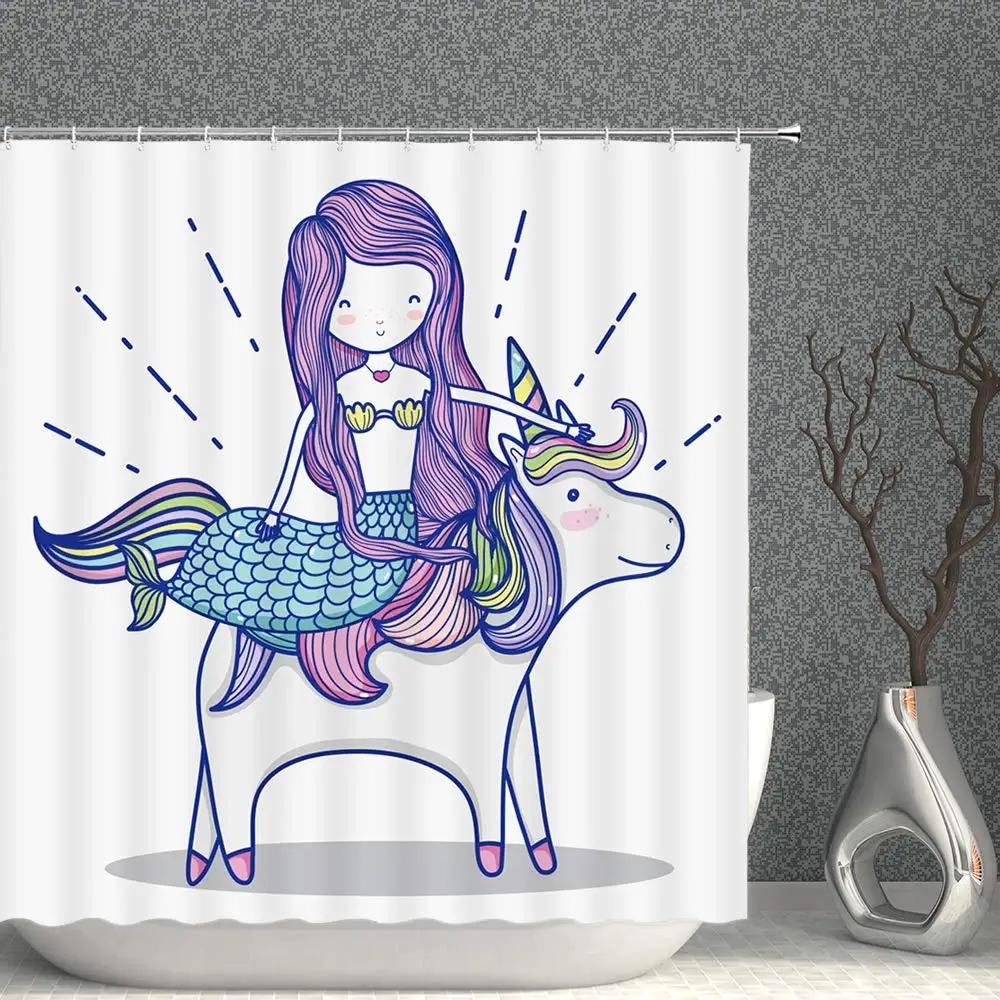 Mermaid Shower Curtain Tail Fish Girls Kids Cartoon Ocean Heart Colorful Purple Hair Seaweed Bath Decor with Hooks Waterproof