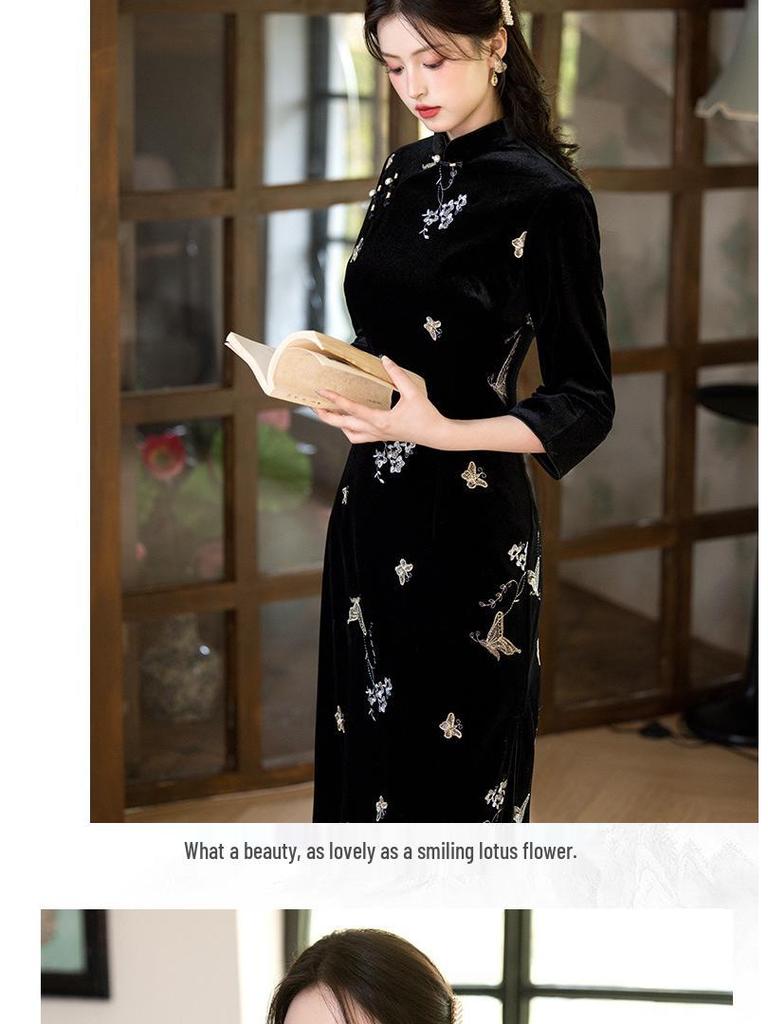Luxurious Black Velvet Long-Sleeve Cheongsam: High-End, Unique Chinese Style Dress