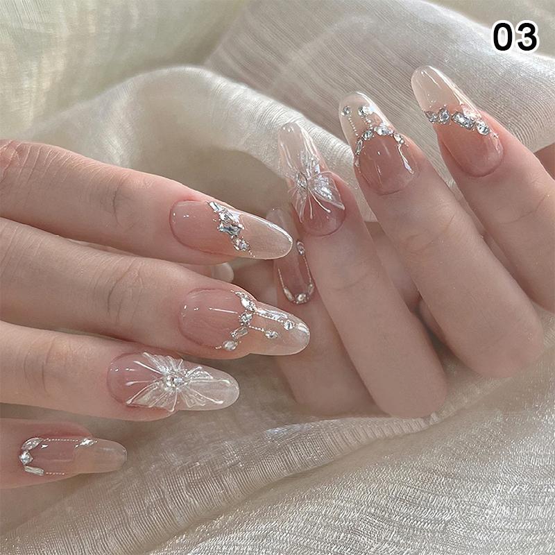 24Pcs Simple Fake Nail With Jelly Glue Butterfly Design Pink White Gradient French Press On False Nails Full Cover Nail Tips