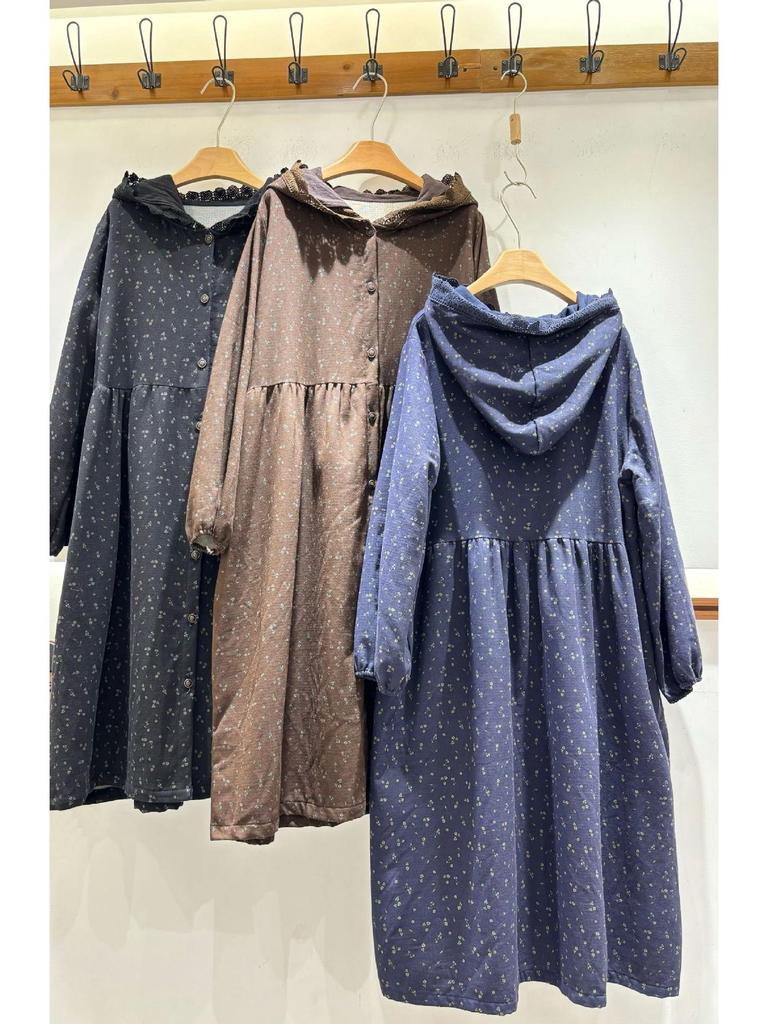 Herbst/Winter Floral Mori Stil Kapuzen Baumwolle Leinen Kleid Mantel für Damen