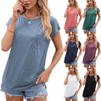 Frühling Sommer Neu Damen Locker Rundhals Kurzarm T-Shirt Mit Tasche Drop Shoulder Top Lässiges T-Shirt Für Den Grenzüberschreitenden Handel