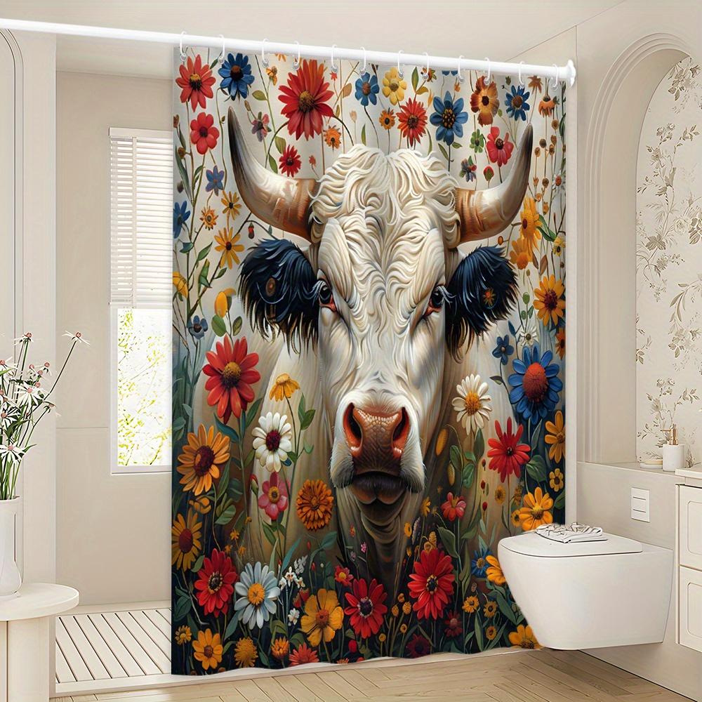 Whimsical Cow & Floral Bath Curtain -Colorful Flowers & Playful Design,Waterproof Home Decor Adds Fun And Charm To Your Bathroom