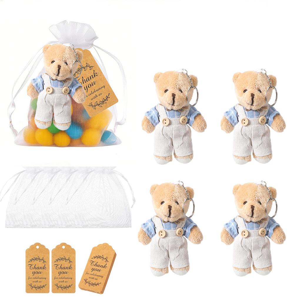 12-36 Zestawów 12 cm Niedźwiadki Upominki na Baby Shower dla Gości Mini Pluszowe Niedźwiadki Niebieskie Z Kartkami Torebki Organzowe