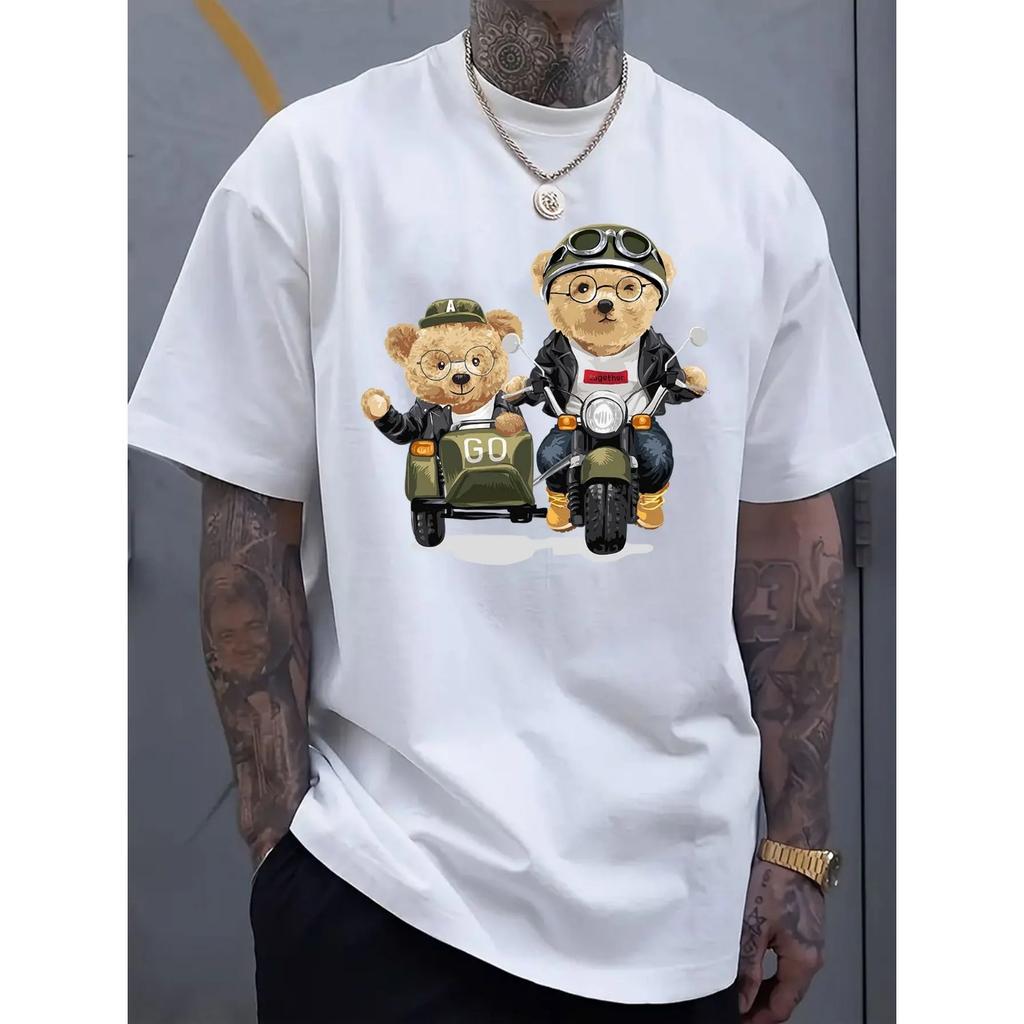 Summer 100 Cotton Fashionable Casual Sports Loose Cartoon Bear Pattern Printed Round Neck Short Sleeved Men's T-shirts