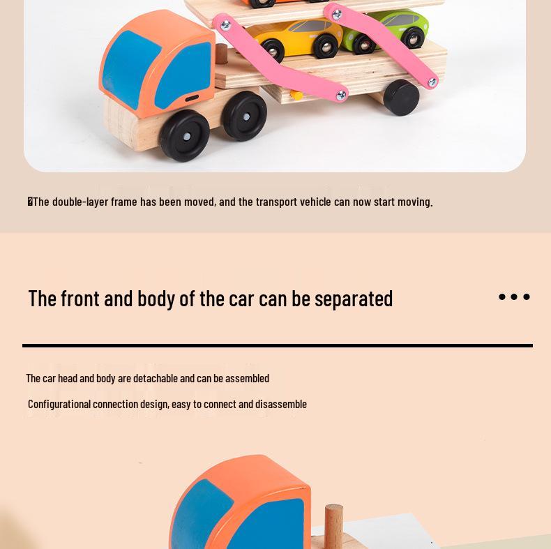 Children's Wooden Double-Layer Car Carrier & Transforming Tool Truck, Educational Toy