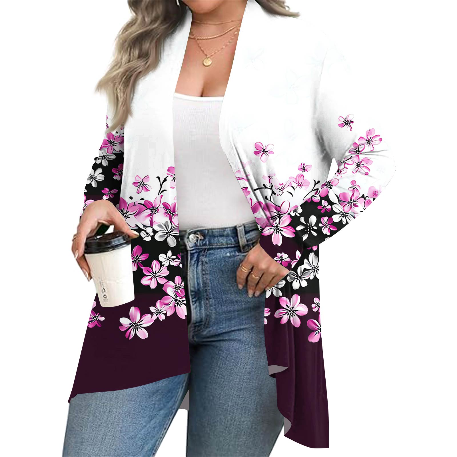 

Женский осенне-зимний модный повседневный кардиган средней длины с принтом и длинным рукавом XXXL фиолетовый