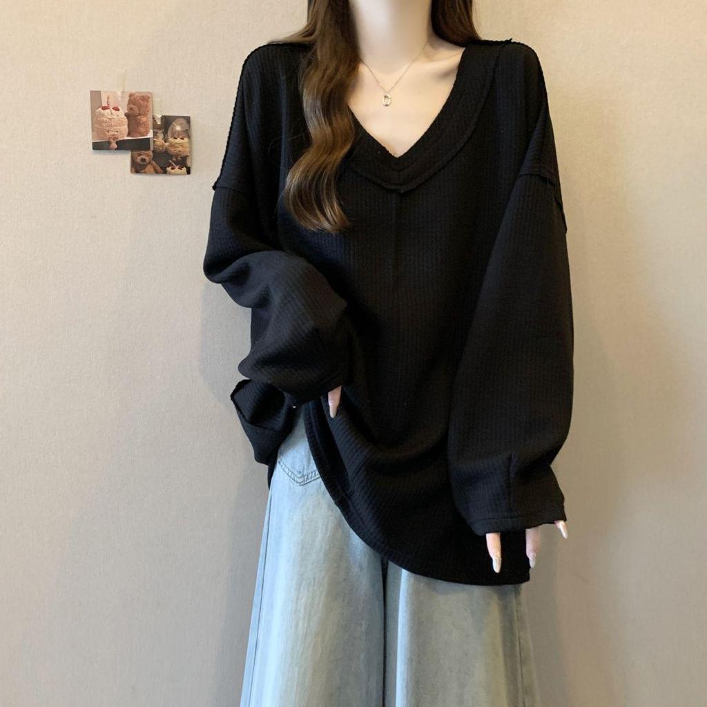 Ribbed V-Neck Long-Sleeve Women's Loose T-Shirt, 2025 Autumn Collection