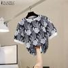 ZANZEA Women Summer Round Neck Casual Short Sleeve Print Blouse