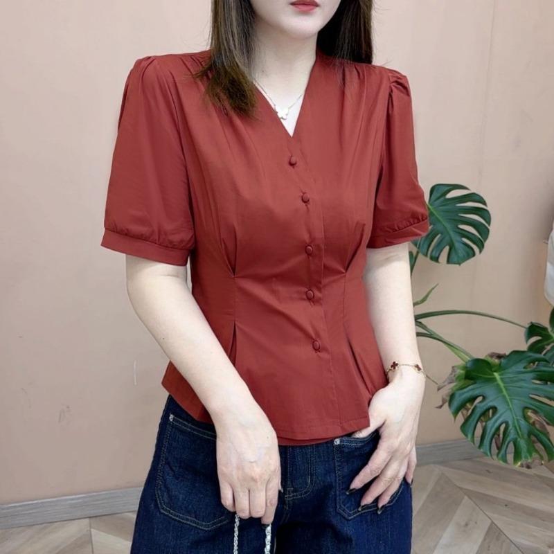 Women s Yellow V-Neck Blouse Puff Sleeve Button Down Fitted Casual Shirt M