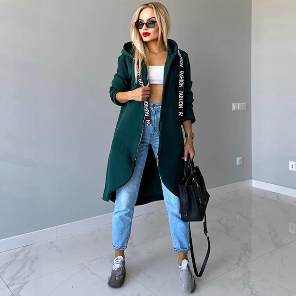 Sportovní fleecová mikina s kapucí, ležérní s dlouhým rukávem na zip, dámská nadměrná velikost, jednobarevný kabát