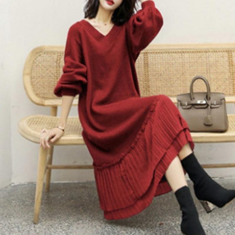 Autumn New Loose Large Size Knee Knitted Skirt Medium and Long Slim Splicing Inner Sweater Long Skirt