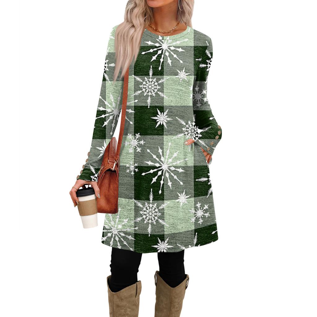 Damenmode Freizeitkleid mit Taschen, dekorativen Knöpfen, Rundhalsausschnitt und langen Ärmeln