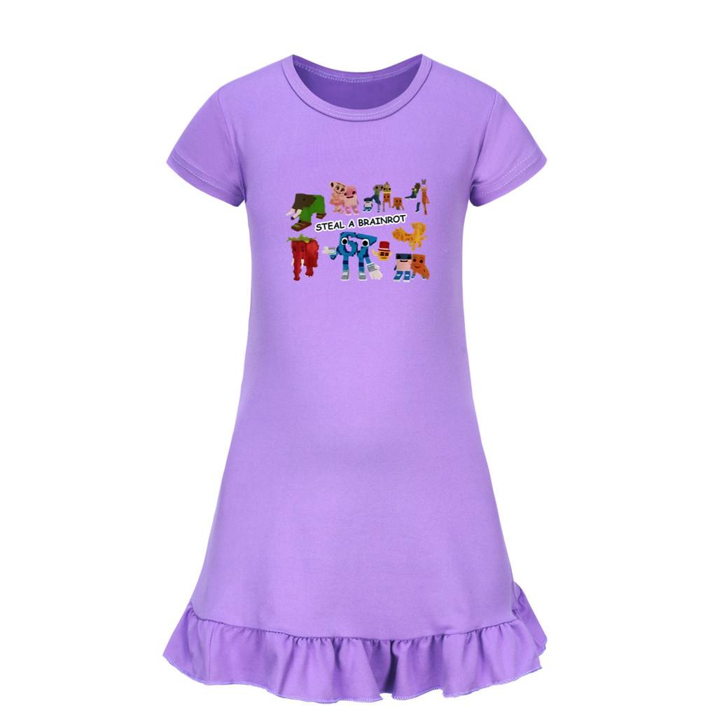 5214 Kids Girls Steal a Brainrot 67 Six Seven Printed Ruffle Short Sleeves Casual Dress