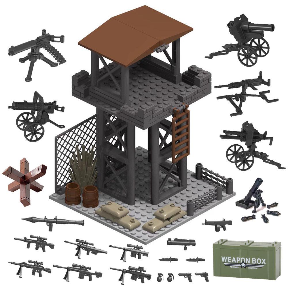 WWII Military Base Building Set: Observation Tower & Machine Gun Blocks Small