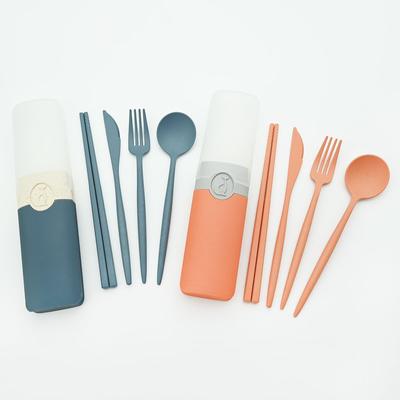 Colorful Portable Wheat Cutlery Set Knife Fork Spoon Chopsticks With Travel Dinnerware Box Child Student Flatware Tableware Set