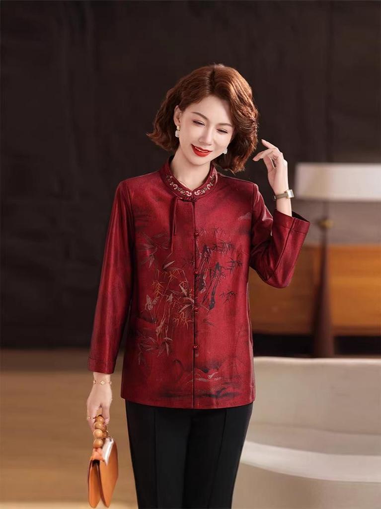 Mom's Chinese Style Long-Sleeve Tang Shirt for Middle-Aged & Elderly Women