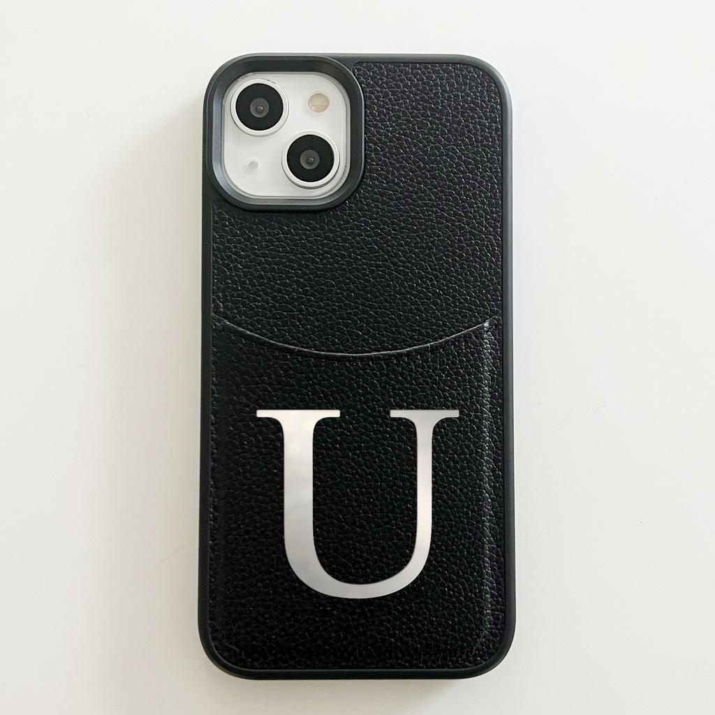 Custom Name Initial Big Letter Insert Card Phone Case For iPhone 16 15 14 13 12 Pro Max Plus Hot Foil Stamping Faux Leather Case