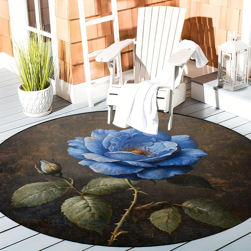 Luxury Blue Rose Floral Pattern Round Shape Floor Mats Kitchen Hallway Runner Rug Bedroom Living Room Soft Carpet Non-slip Area Rug
