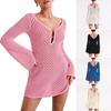 Elegant V-Neck Knitted Dress with Metal Buttons and Flare Sleeves