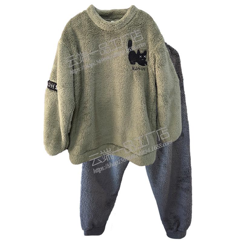 Men's Plush Cartoon Pajama Set - Round Neck, Long Sleeve, Warm Trousers, Perfect for Fall and Winter.