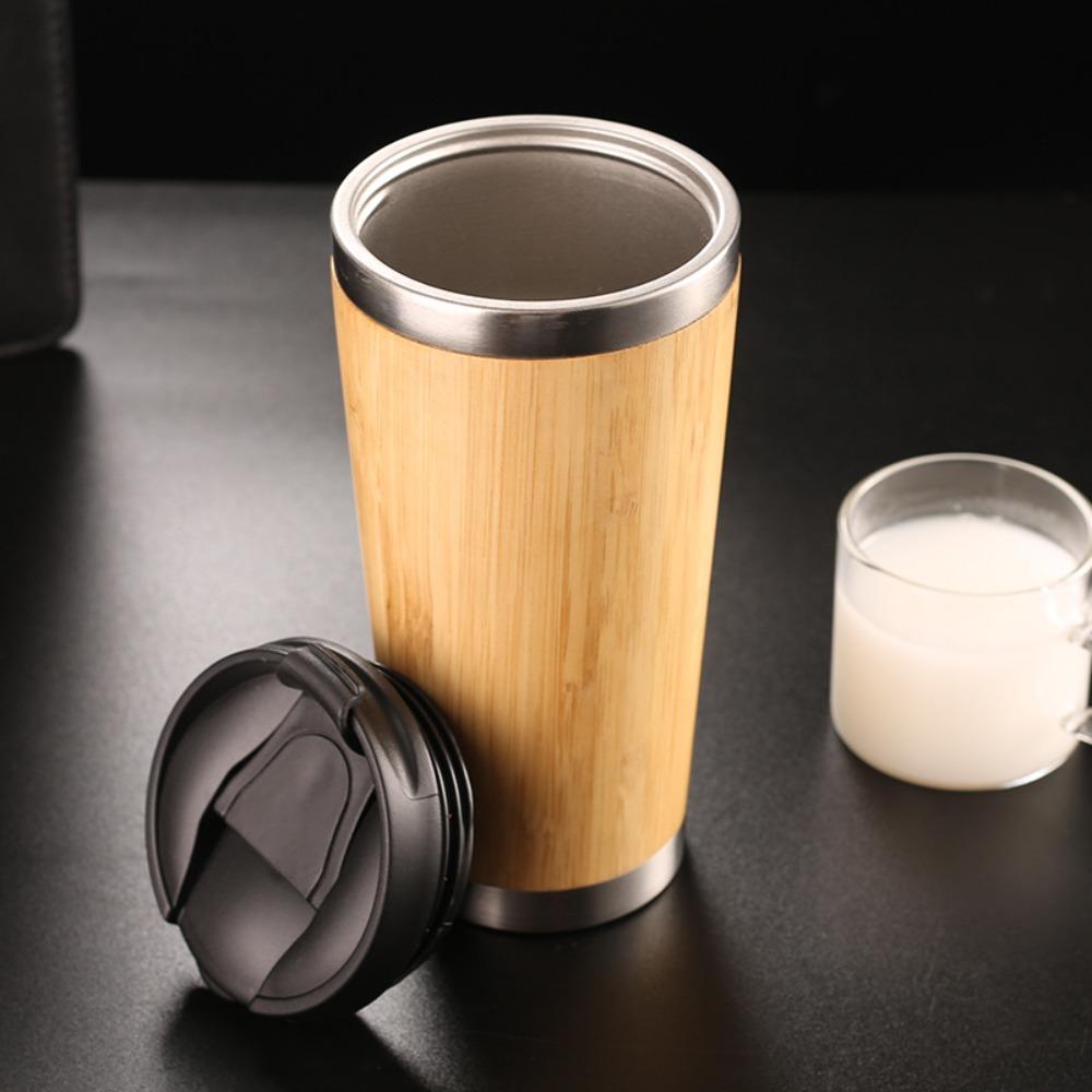 401-500ml Stainless Steel and Bamboo Travel Mug Portable Handle Office Cup Vacuum Coffee Cup