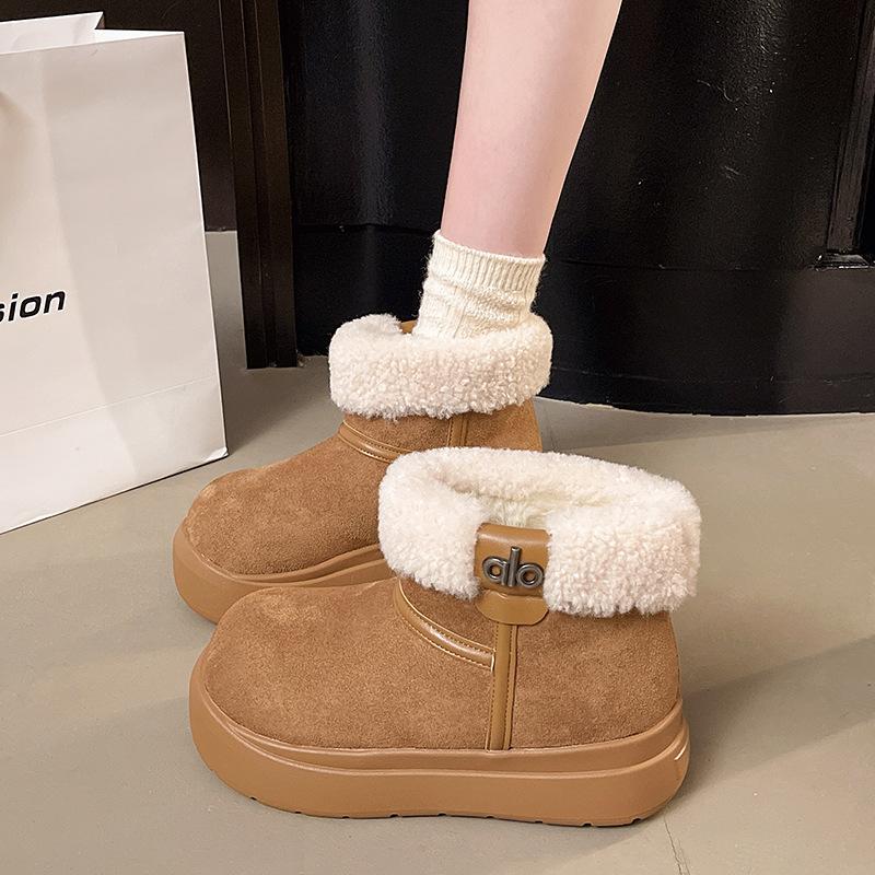 Women's hairy mouth elastic thick sole winter fur one warm cold padded snow boots non-slip wear casual sports short cotton boots Le Fu shoes