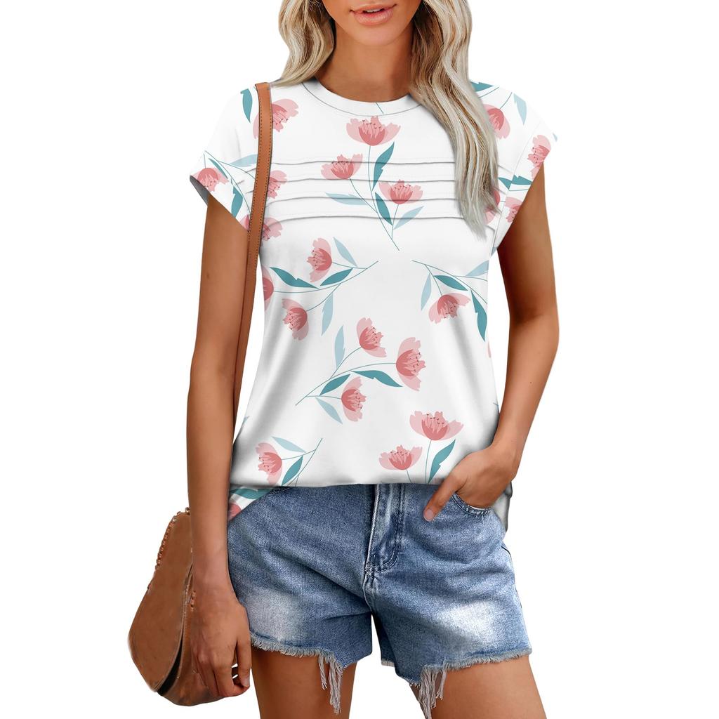 Damska Casualowa Koszulka z Krótkim Rękawem, Podstawowa Tekstura, Kwiatowy Wzór, Okrągły Dekolt, Top z Krótkim Rękawem