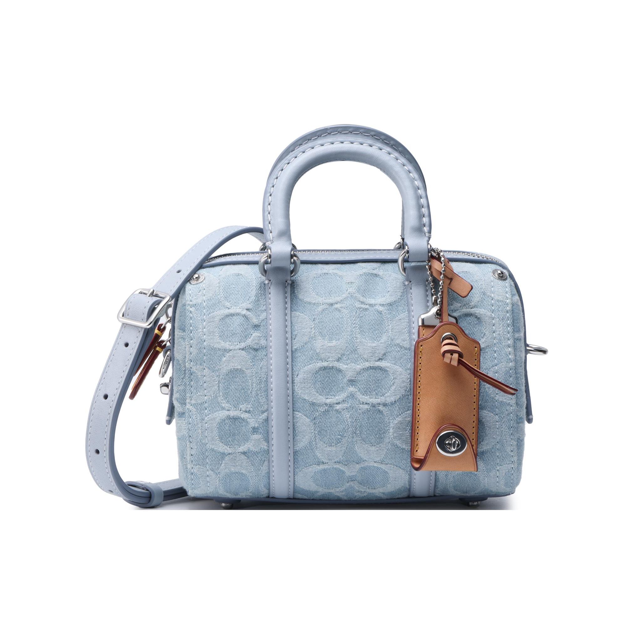 Coach Women's Blue Ruby 18 Horse And Carriage Logo Classic Canvas And Leather Boston Bag Handbags Cj832-Lhpbu