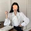 Elegant White Long-Sleeve Bow Tie Shirt for Women: French Loose Design, Suitable for Spring and Autumn