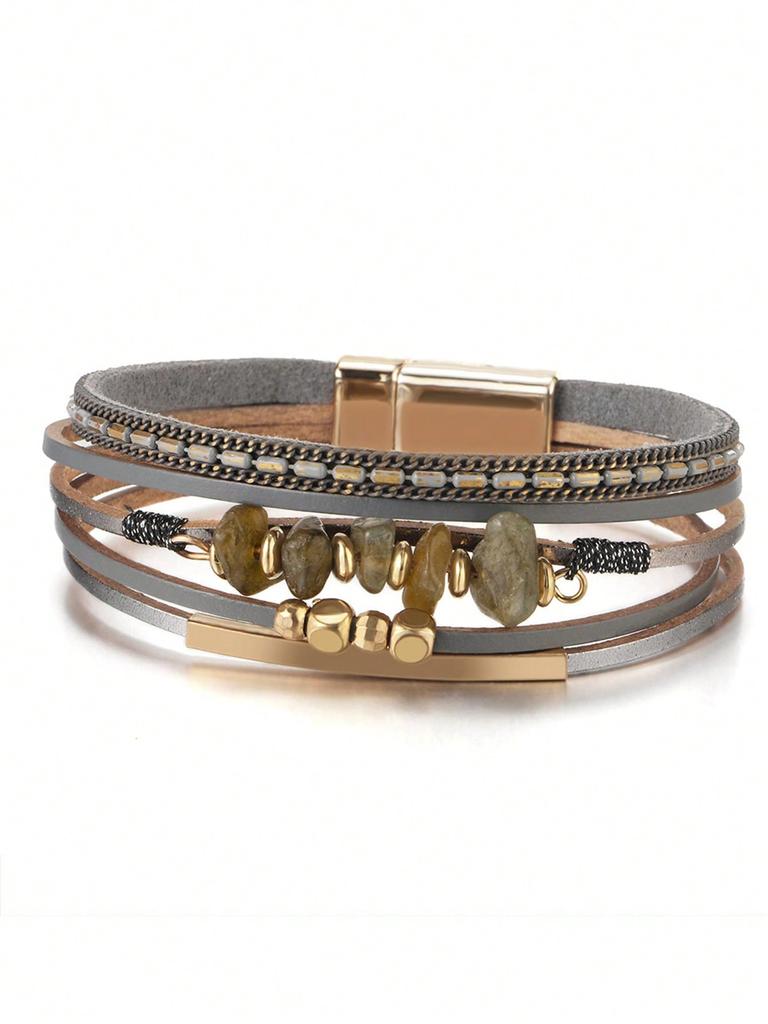 One Piece Europeisk och Amerikansk Stil Natursten Pärlstav Mässingsrör Design Kohudsläder Rep Kvinnor Grön Armband Sommar Strand