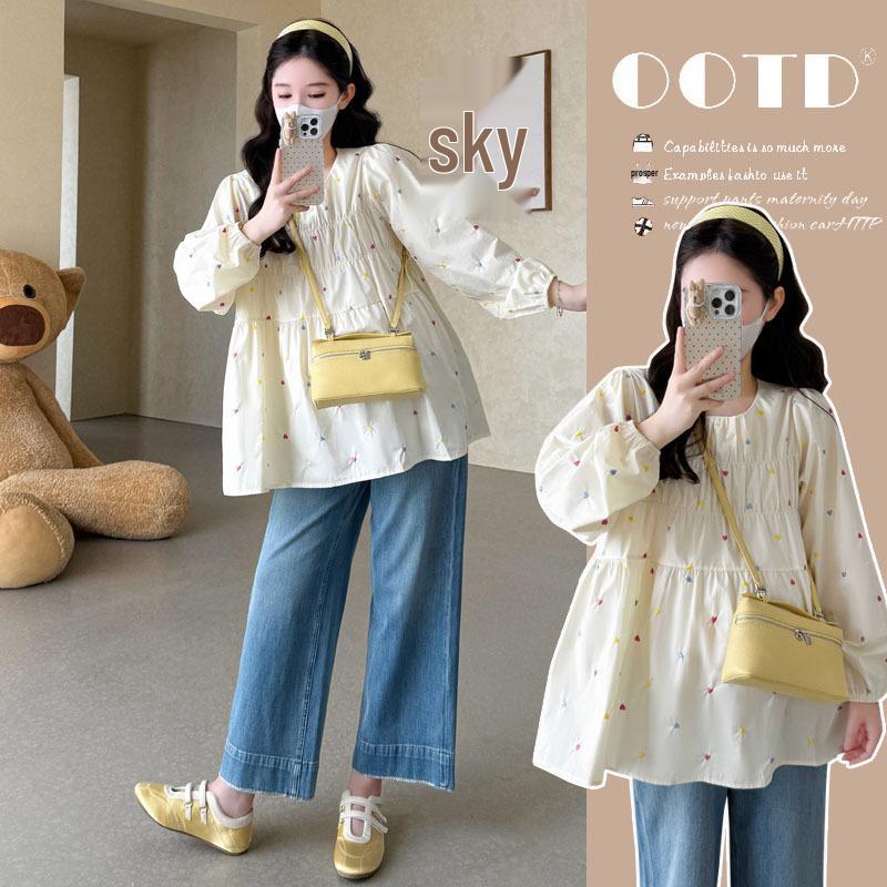 2026 Spring Korean Maternity Long Sleeve Heart Embroidery Doll Shirt M