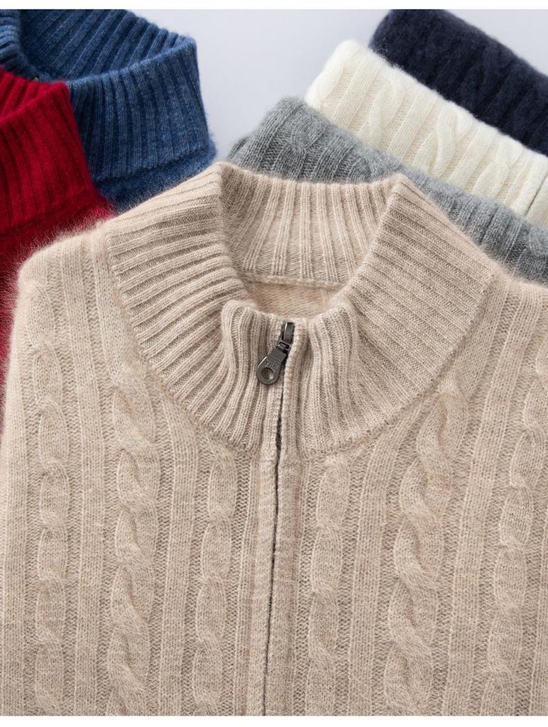 Men's Autumn/Winter Cashmere Cable Knit Zipper Cardigan Sweater, Half-High Collar, Plus Size