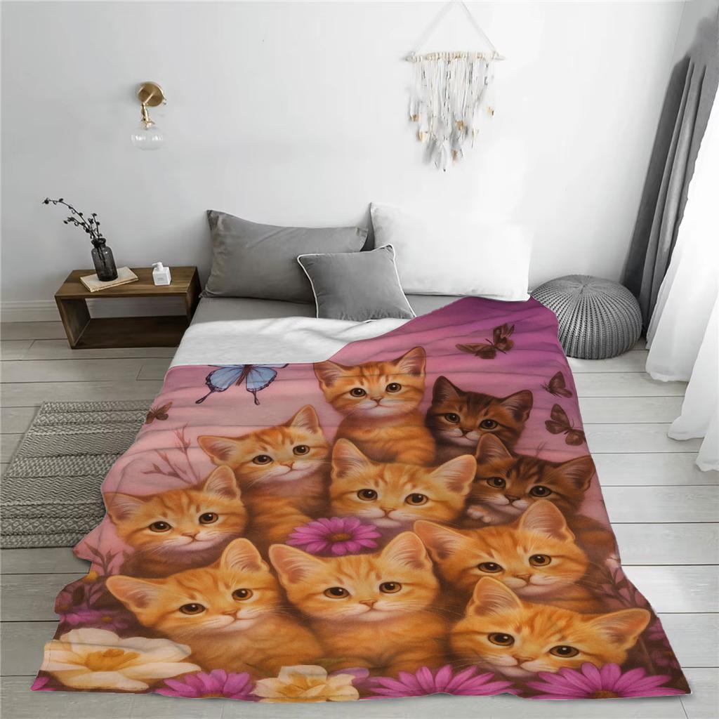Cute Cats Butterfly Flannel Blanket Polyester Machine Washable Comfortable For Girls And Boys Sofa Bed House Decor Birthday Gift