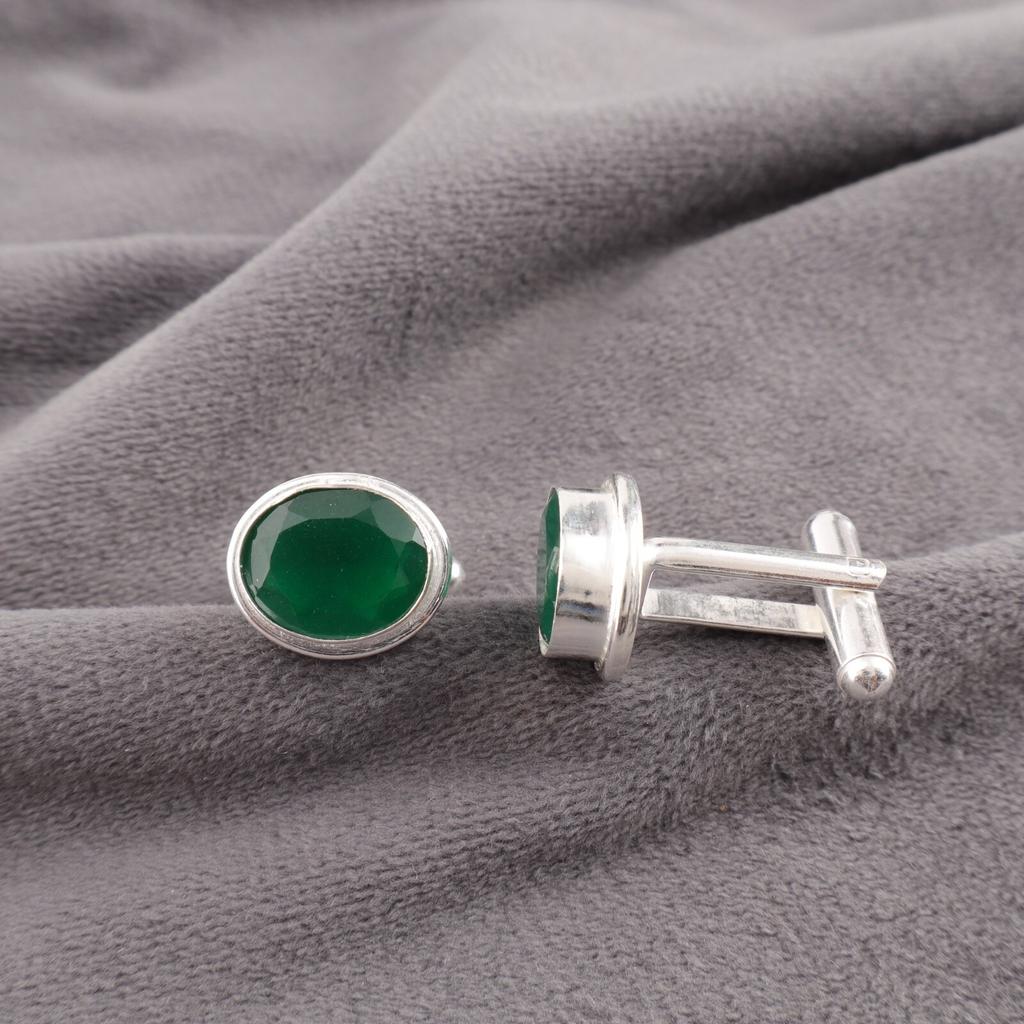 Natural Green Onyx Gemstone 925 Solid Silver Handcrafted Jewelry Cufflinks0.59" CL-2-18