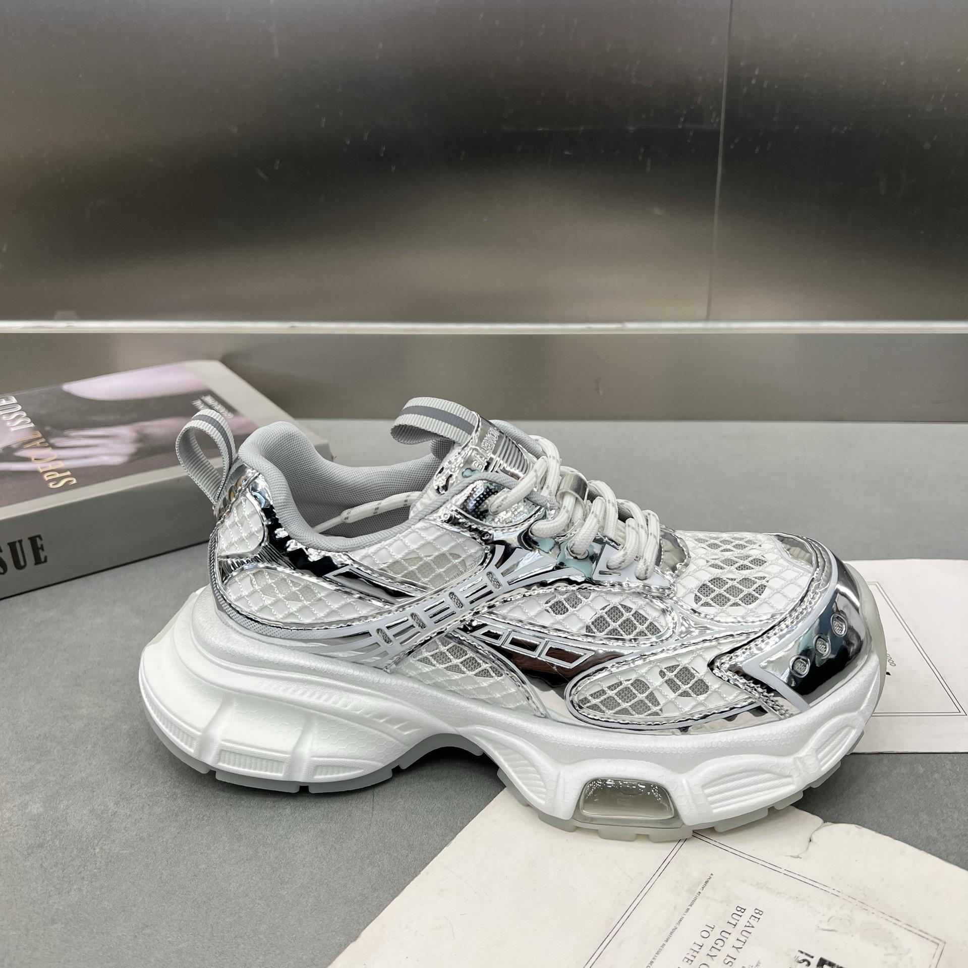 

Европейская станция 2025 лето новая платформа папины кроссовки кожаные маффины низ повседневные спортивные женские туфли одинарная сетка дышащие туфли 40 серебряный