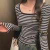Women's Contrast Collar Striped Long-Sleeve T-Shirt - Autumn 2024 Slim Fit Design