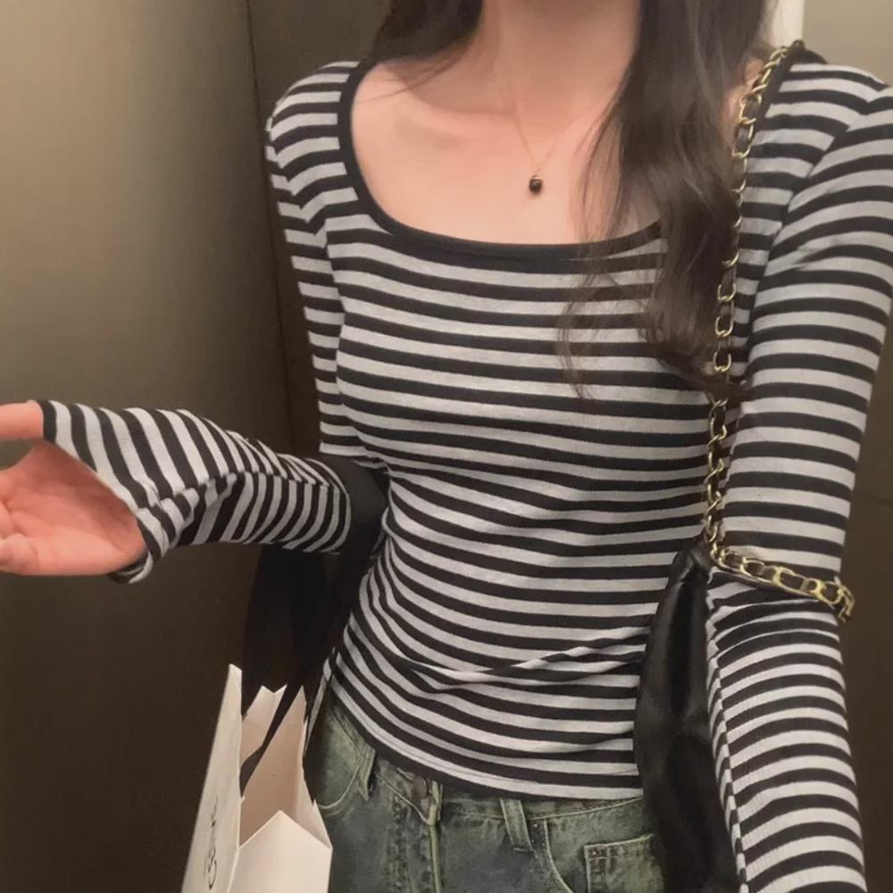 Women's Contrast Collar Striped Long-Sleeve T-Shirt - Autumn 2024 Slim Fit Design