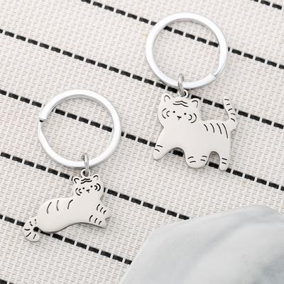 Two Tigers Stainless Steel Keychain Cartoon Tiger Design Fashion Couple Friend Pendant Practical Daily Bag Charm