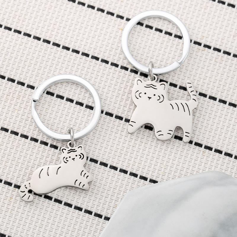 Two Tigers Stainless Steel Keychain Cartoon Tiger Design Fashion Couple Friend Pendant Practical Daily Bag Charm