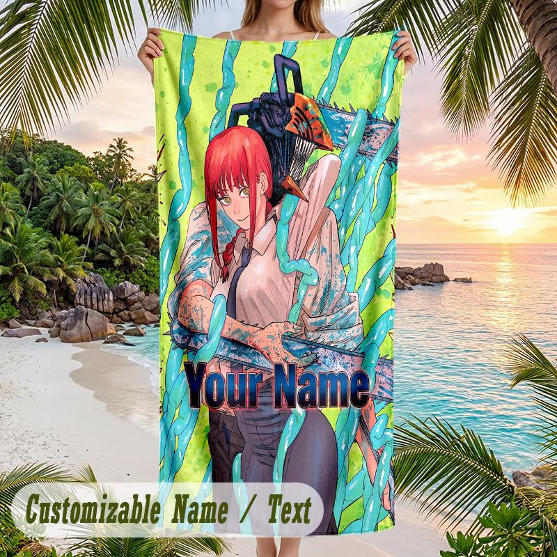 Chainsaw Man Beach Towel, Personalized Custom Name Text, Quick Dry Large Absorbent Towel For Beach Pool