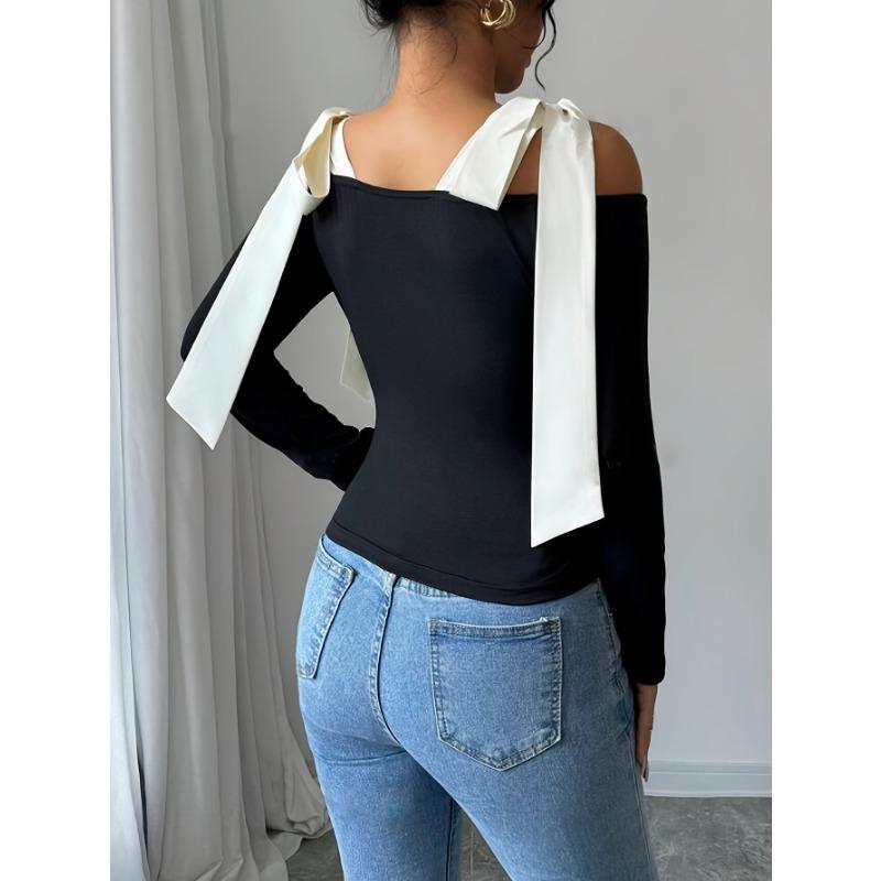 Schwarzes, langärmliges, schmales One-Shoulder-Top für Damen