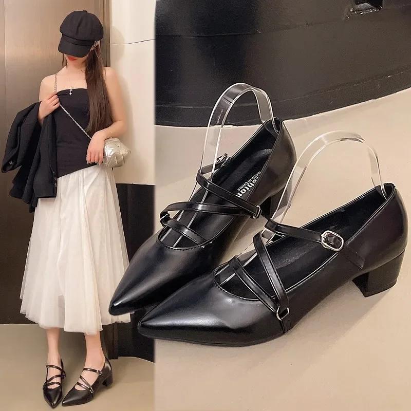 Fashion Summer 2025 Women's Wine Red Patent Leather Cat Heel Sandals Buckle Pointed Toe Thin Heel Single Shoes High Heels Casual Footwea